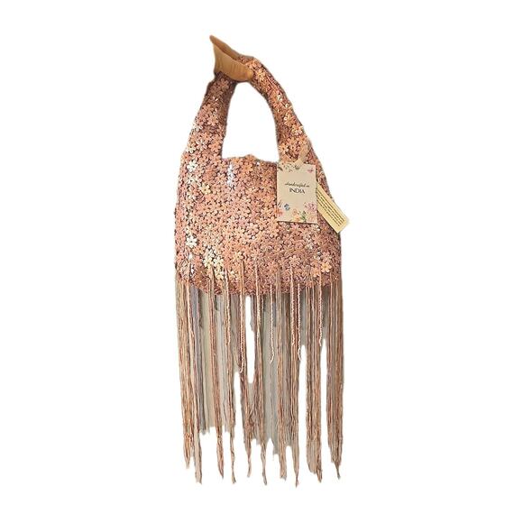 NWT Pink Floral Viral Beaded Fringe Handcrafted Made India Womans Purse Handbag - Picture 1 of 6